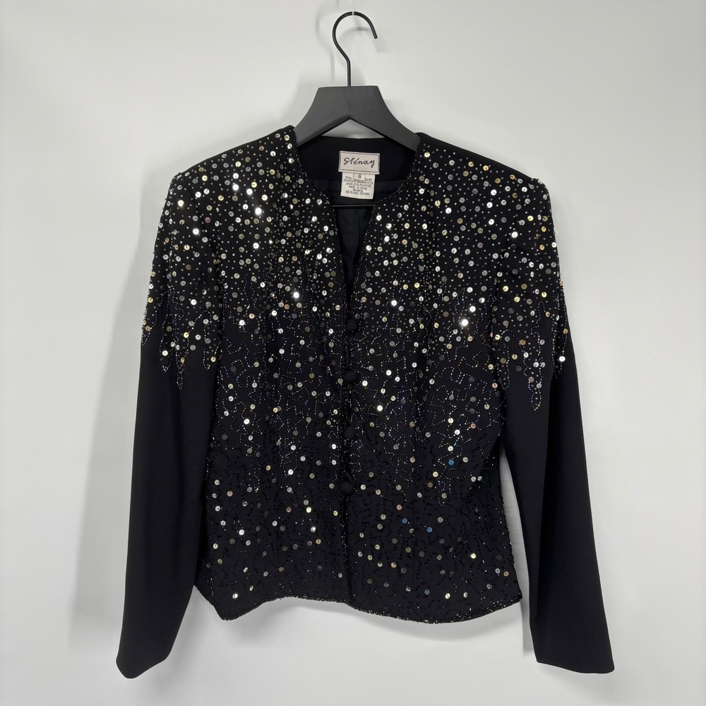 Stenay Sequin Beaded Jacket Womens 6 Black Gold Silver Evening Formal Vintage